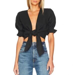 Faithfull the Brand Jamaica - Black Tie-Front Linen Wrap Blouse